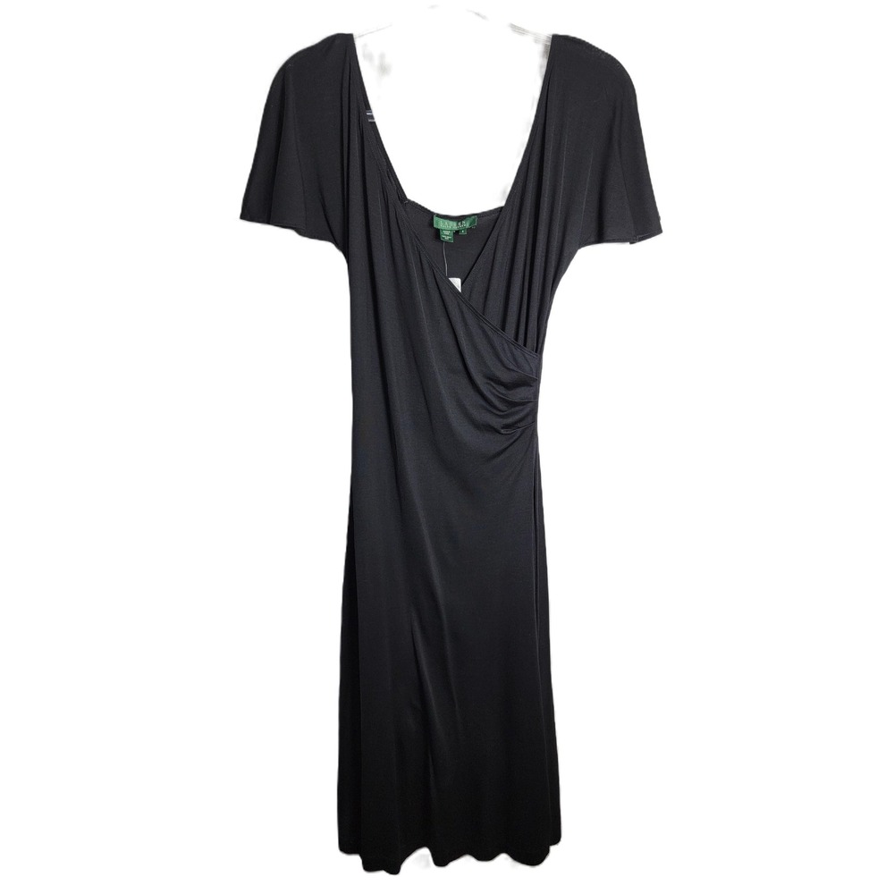 Lauren Ralph Lauren S 100% Silk Dress Black Urban Traveler Faux Wrap Ruched NEW